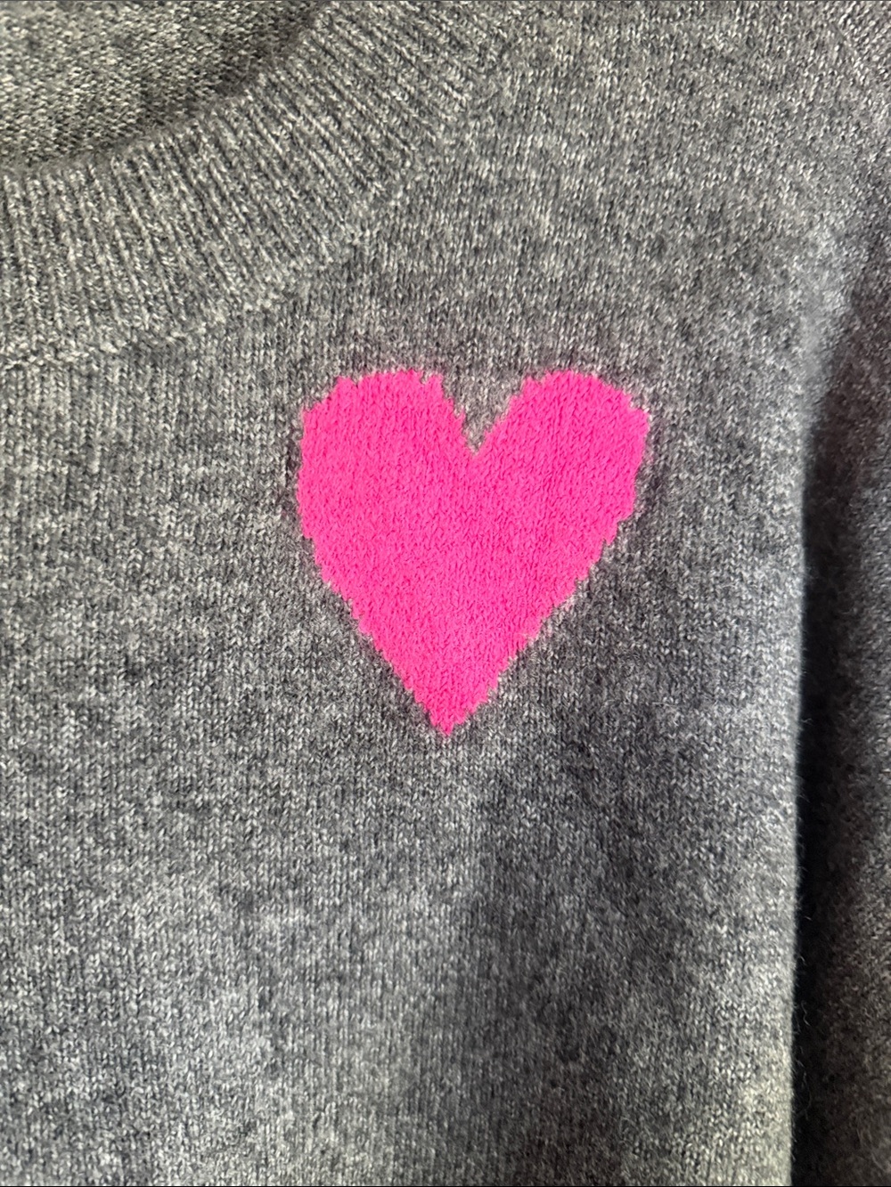 CeCe Heather Gray Crewneck Sweater with Pink & Navy Heart Motifs - Picture 3 of 7
